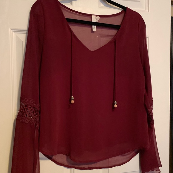Tops - LAST CHANCE - Wine Bell Sleeve Blouse with Lace